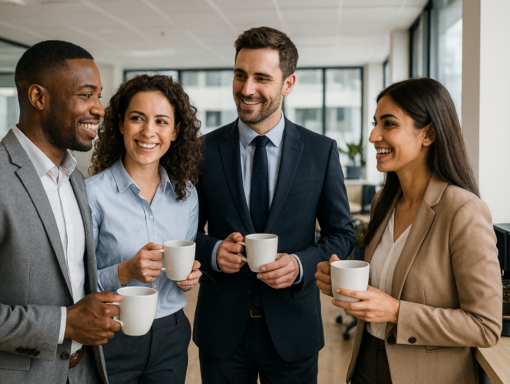 a group of coworkers chatting while drinking coffee