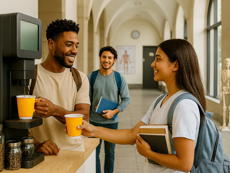 Two university students engaged in a lively conversation while standing next to a coffee vending machine