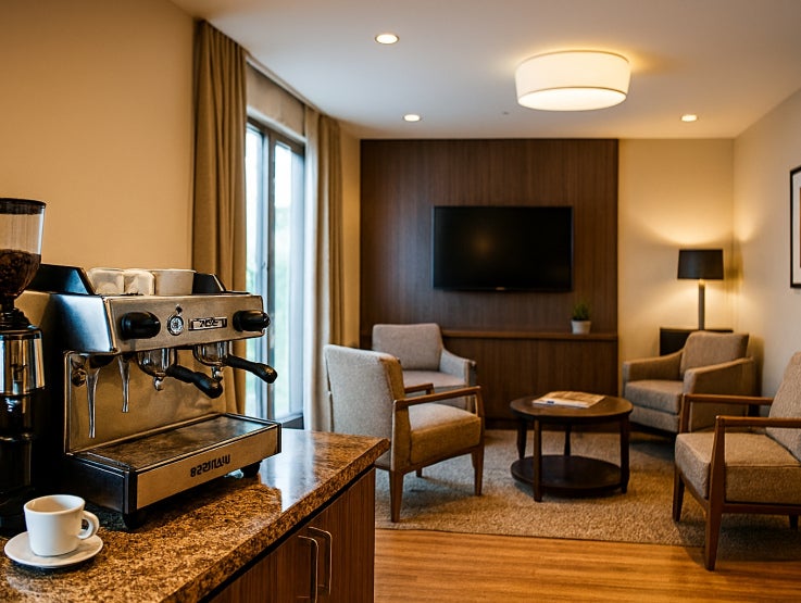 High-end professional coffee machine situated in the lounge of a hotel