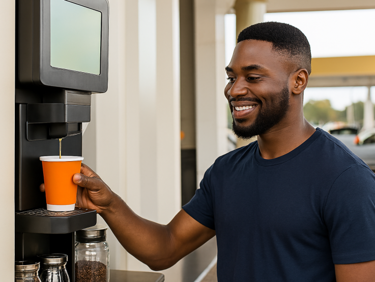 A man filling his cup with coffee from a vending machine located outside a petrol station