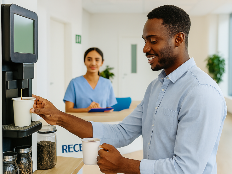 A man pouring coffee from a machine inside a health facility, while a female healthcare professional waits at a nearby table.