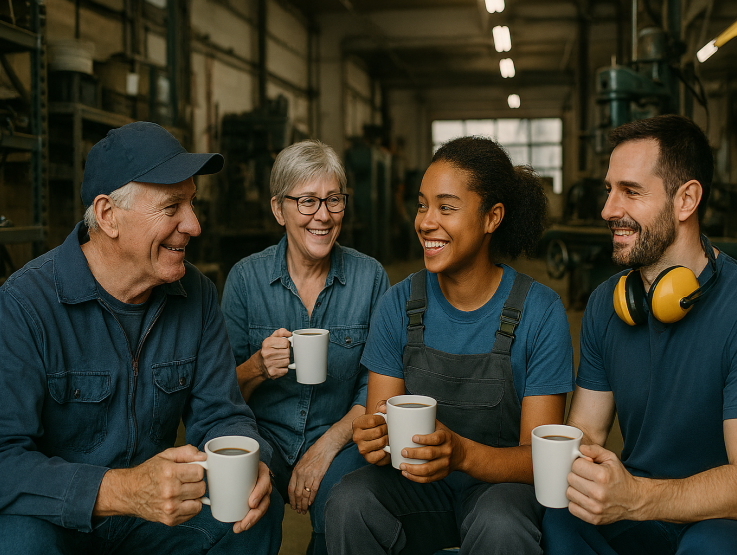 A group of factory workers gathered together, enjoying beverages and chatting during their break