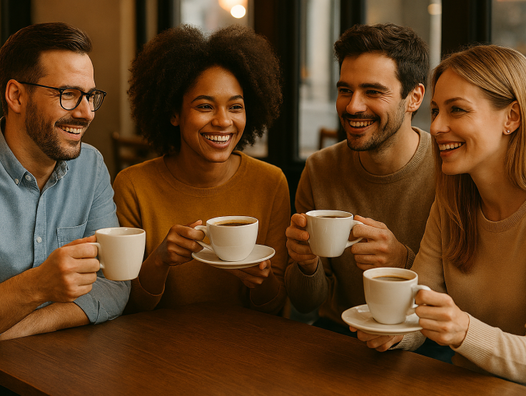A group of two men and two women gathered around a table, enjoying coffee and engaging in conversation