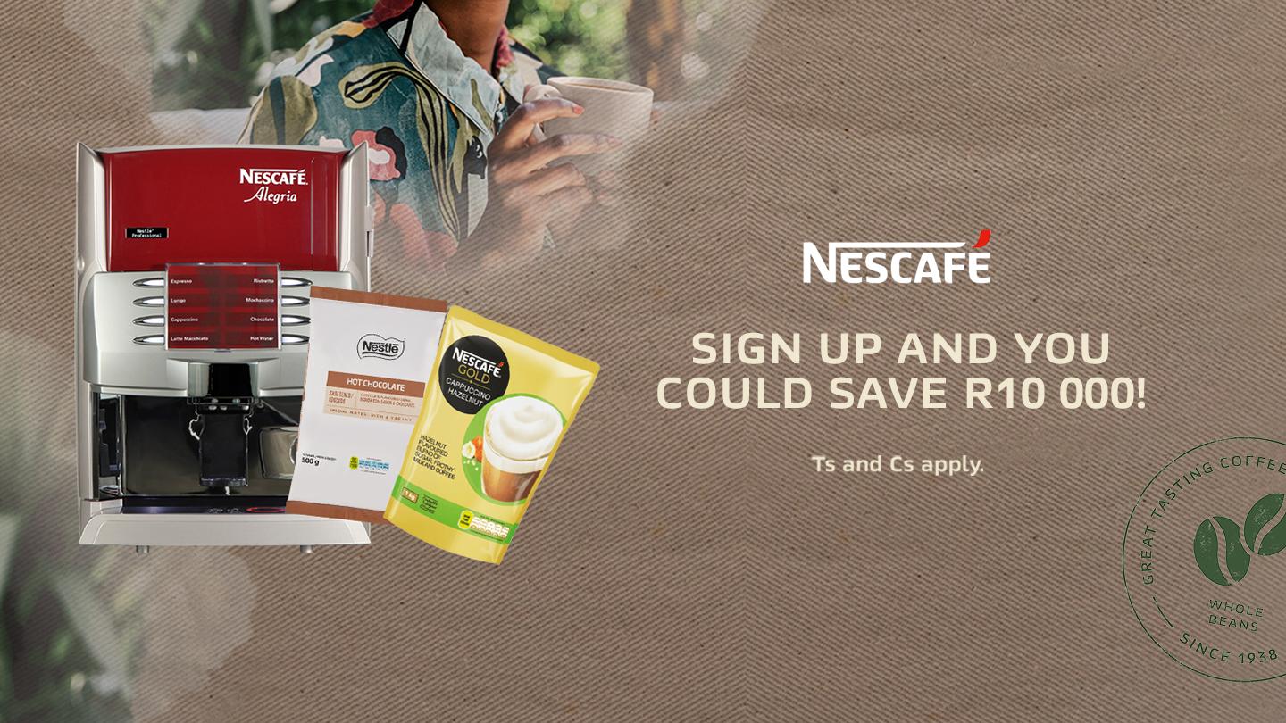 Sign up Nescafé with Nescafé Alegria machine, Nestlé Hot Chocolate and Nescafé Gold Cappuccino Hazelnut products.